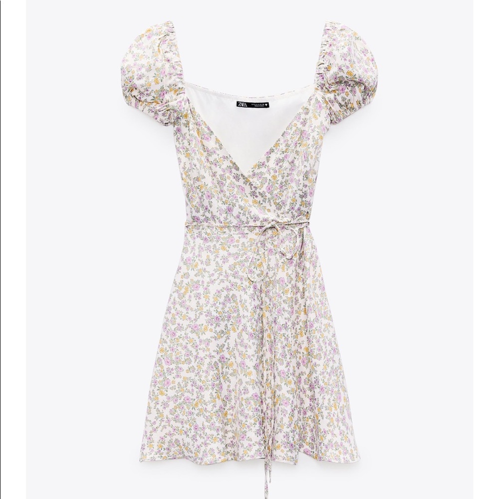 Zara Satin-Like Floral Tie Wrap Dress